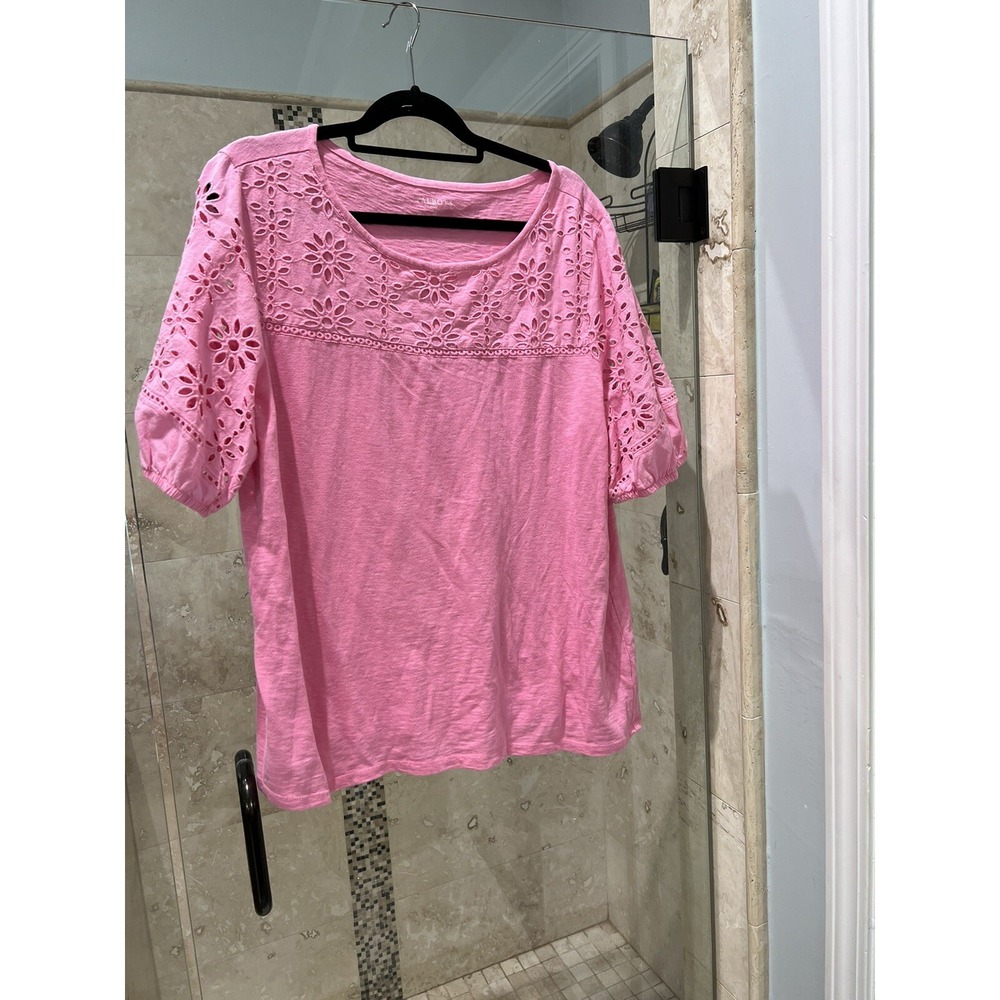 Talbots Womens Pink Crochet Eyelet Sleeve Cotton Tunic Top Plus Size 2X Boho